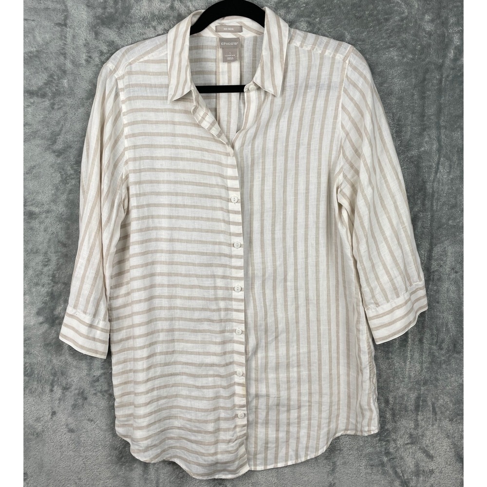 Chicos No Iron Shirt Sz 1 /M Tan White Striped 3/4 Sleeve Linen Button Up Tunic‎